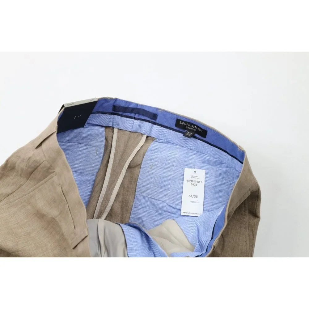 New Banana Republic Mens 34x36 Classic Fit Linen Wide Leg Chino Pants Beige